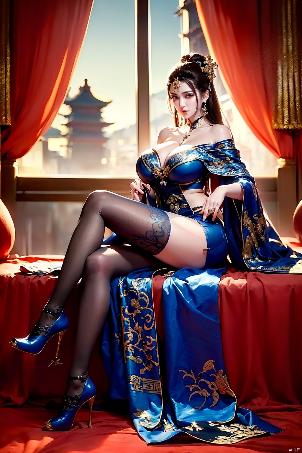  Outdoor ,Soft light，blue color theme，distant view,same high heels,Beside the window,(fair skin, female, beautiful gentle face, many colors best quality, 8k, nice looking photo, exquisite skin detail masterpiece, real photo, intricate details, perfect lighting, wearing transparent saree, (gorgeous patterned lingerie in various colors, black silk texture, patterned), black pantyhose, voluptuous body, extra long hair, off shoulder, exquisite face, (huge breasts), exposed cleavage, (lots of ancient Chinese ornamentation, 1.8), perfect fingers, anatomically correct, close-up front view, glowing skin, ancient Chinese style, looking up from below