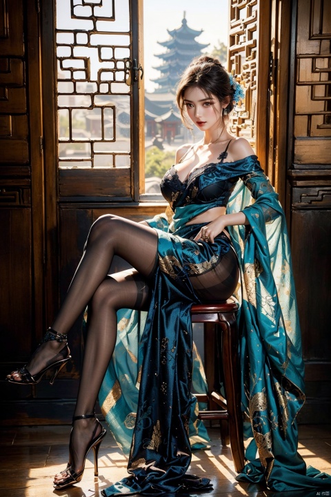  Outdoor ,Soft light，blue color theme，distant view,same high heels,Beside the window,(fair skin, female, beautiful gentle face, many colors best quality, 8k, nice looking photo, exquisite skin detail masterpiece, real photo, intricate details, perfect lighting, wearing transparent saree, (gorgeous patterned lingerie in various colors, black silk texture, patterned), black pantyhose, voluptuous body, extra long hair, off shoulder, exquisite face, (huge breasts), exposed cleavage, (lots of ancient Chinese ornamentation, 1.8), perfect fingers, anatomically correct, close-up front view, glowing skin, ancient Chinese style, looking up from below