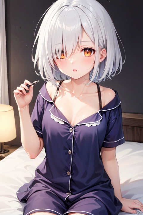 (masterpiece), (best quality), (perfect anatomy), (16k wall paper), (beautiful detailed eyes:1.4), BREAK 1girl, silver hair, hair over one eye, messy hair, sleepy, (orange eyes:1.2), big eyes, wide eyes, cute, (kawaii:1.2), collarbone, (short sleeve, (satin:1.4) pajamas), BREAK sitting on bedside, bedroom, (dimmed room:1.6), (dark room:1.6), (night:1.3),