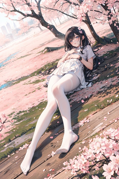 detailed, white pantyhose, 1girl, Fangren,((ill)),psychotic ,full_body,detailed background,cherry_blossom,trees,rivers,no shoes,short shirt,lying on the ground,Lying sideways,