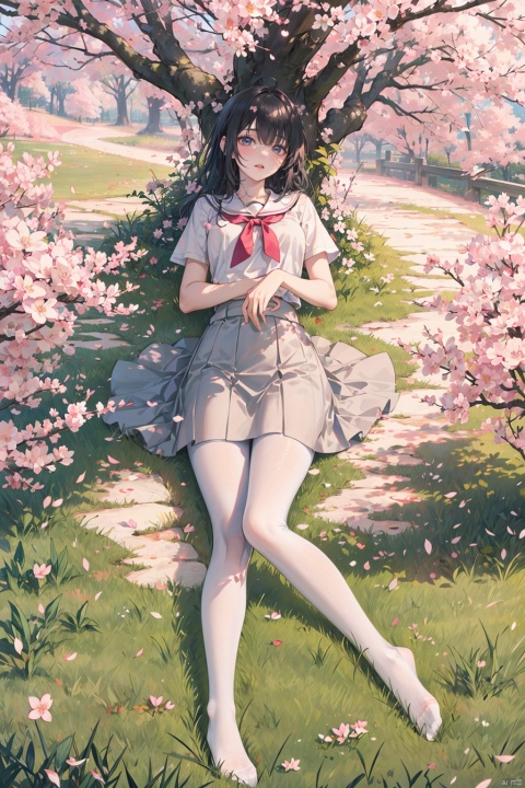 detailed, white pantyhose, 1girl, Fangren,((ill)),psychotic ,full_body,detailed background,cherry_blossom,trees,rivers,no shoes,short shirt,lying on the ground,grass ground