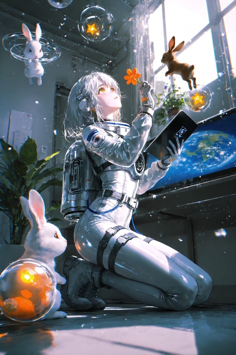 white spacesuit,floating,zero gravity,kneeling pose,holding small blue flower,holding tablet,looking at earth,space station interior,large hexagonal window,earth view,outer space,satellite,multiple brown rabbits,floating rabbits,lush green plants,hanging plants,potted plants,orange flowers,purple flowers,glowing yellow lanterns,warm indoor lighting,soft natural light from window,low angle,looking up perspective,depth of field,detailed interior,transparent skin ,oiled skin,masterpiece,best quality,high quality,chromatic_aberration,light,fair_skin,very aesthetic,absurdres,amazing quality,(aestivation:0.4),(nasii:0.4),(toosaka asagi:0.4),(atdan:0.4),yoneyama_mai,(artist:quasarcake:0.8),(iumu:0.72),(wlop:0.72),96YOTTEA,Konya Karasue, //, depth of field,detailed light,photo background,blurry background,best shadow,cinematic lighting,ray tracing, ultra detailed, newest,in the style of fashion photography,dynamic, dynamic force picture