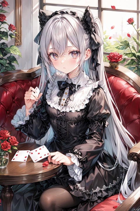  1girl, solo, long_hair, looking_at_viewer, bangs, long_sleeves, dress, bow, brown_eyes, sitting, very_long_hair, closed_mouth, flower, hair_bow, grey_hair, frills, indoors, wide_sleeves, black_dress, book, petals, black_bow, rose, chair, stuffed_toy, table, stuffed_animal, red_flower, ball, lolita_fashion, teddy_bear, red_rose, card, gothic_lolita, photo_\(object\), playing_card, vase, picture_frame