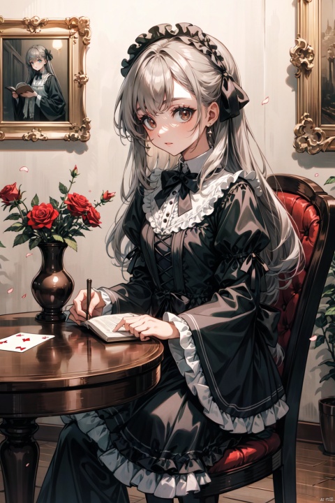  1girl, solo, long_hair, looking_at_viewer, bangs, long_sleeves, dress, bow, brown_eyes, sitting, very_long_hair, closed_mouth, flower, hair_bow, grey_hair, frills, indoors, wide_sleeves, black_dress, book, petals, black_bow, rose, chair, stuffed_toy, table, stuffed_animal, red_flower, ball, lolita_fashion, teddy_bear, red_rose, card, gothic_lolita, photo_\(object\), playing_card, vase, picture_frame
