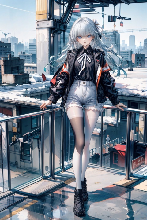  nai3, 1girl, long hair, thighhighs, solo, full body, short shorts,black jacket, sky,  railing, ribbon, black shirt, day, open jacket, parted lips, white ribbon, building, , cityscape, rooftop, white pantyhose,