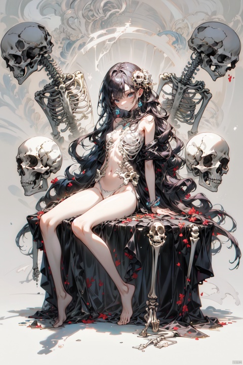  1girl, best quality, masterpiece, best quality, masterpiece, best quality, masterpiece, highres, exquisite accessories, skeleton, skeleton
, detailed, girl, full body, crazy, sitting, no clothes, no pants, no shoes, beautiful face girl, her legs and arms are skull, showing pussy,