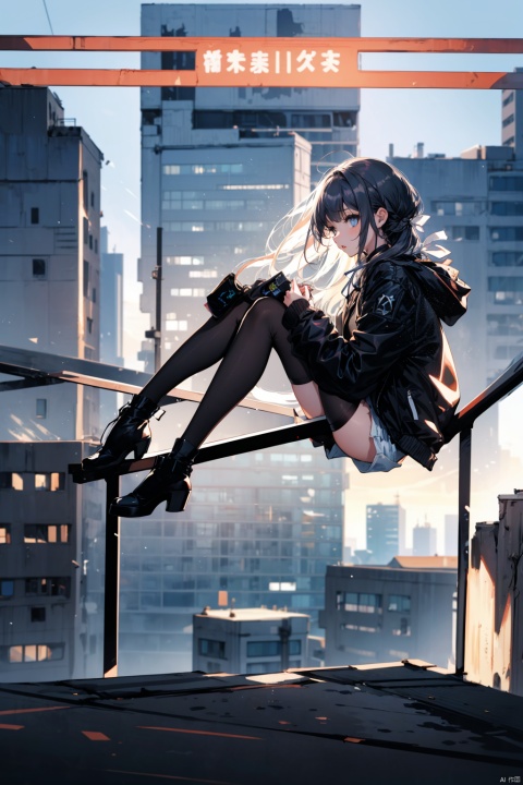  nai3, 1girl, long hair, thighhighs, solo, full body, short shorts,black jacket, sky, holding can, railing, ribbon, black shirt, day, open jacket, parted lips, white ribbon, building, , cityscape, rooftop, white pantyhose
