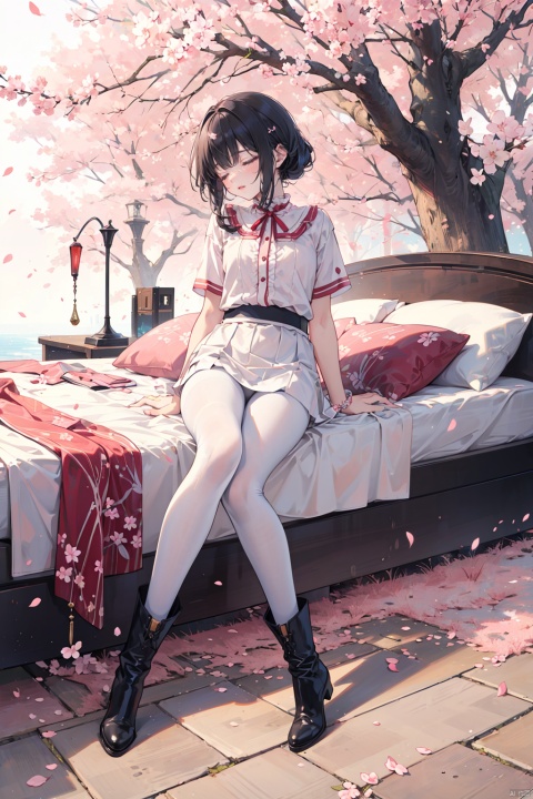 detailed, white pantyhose, 1girl, Fangren,((ill)),psychotic ,full_body,detailed background,cherry_blossom,trees,rivers,stones,long boots,short shirt,sleeping on the bed