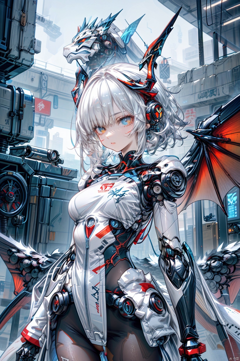  showing *****,robot girl, 1girl, solo,((helmet)),((mask)),((dragon
 wings)),mecha musume,(( mechanical dragon wings)), upper body, looking at viewer, heterochromia, science fiction,breasts, robot joints, bodysuit, joints, feathered wings, medium breasts, closed mouth, standing, machinery,