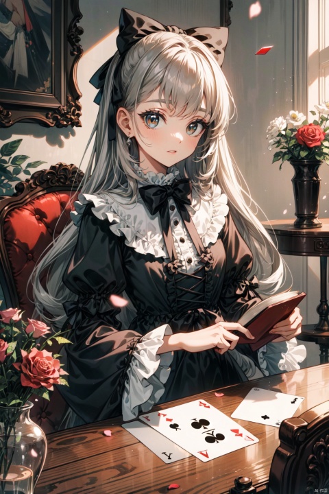  1girl, solo, long_hair, looking_at_viewer, bangs, long_sleeves, dress, bow, brown_eyes, sitting, very_long_hair, closed_mouth, flower, hair_bow, grey_hair, frills, indoors, wide_sleeves, black_dress, book, petals, black_bow, rose, chair, stuffed_toy, table, stuffed_animal, red_flower, ball, lolita_fashion, teddy_bear, red_rose, card, gothic_lolita, photo_\(object\), playing_card, vase, picture_frame