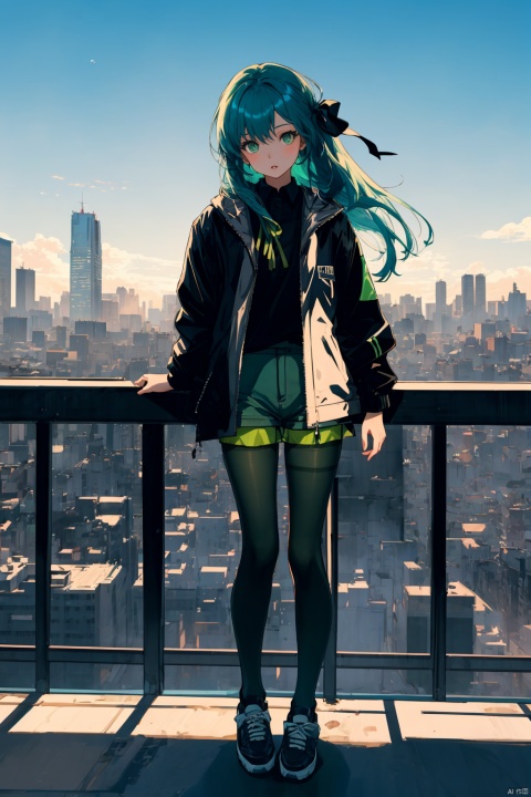  nai3, 1girl, long blue hair, thighhighs, solo, full body, short shorts,black jacket, sky,  railing, ribbon, black shirt, day, open jacket, parted lips,  ribbon, building, , cityscape, resturant, ((green pantyhose)), JYPSS