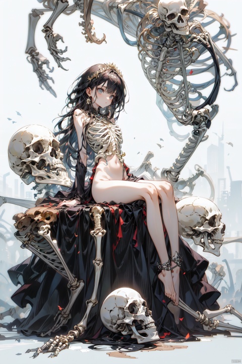  1girl, best quality, masterpiece, best quality, masterpiece, best quality, masterpiece, highres, exquisite accessories, skeleton, skeleton
, detailed, girl, full body, crazy, sitting, no clothes, no pants, no shoes, beautiful face girl, her legs and arms are skull, showing pussy,