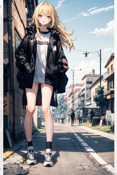 nai3, 1girl,showing pussy,naked pussy, naked lower body,long hair, solo, blonde hair, naked legs,without pants,standing,white socks, black sneaker,no pants, black jacket, looking at viewer, outdoors,open clothes, full body, sky, showing naked pussy, day, open jacket, parted lips,((in a battlefield))