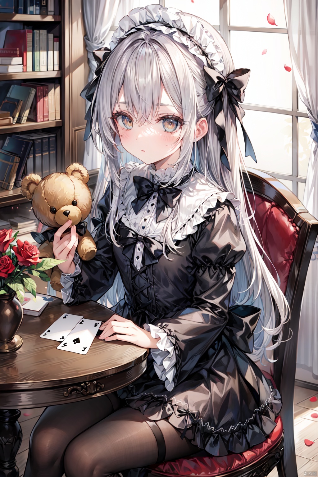  1girl, solo, long_hair, looking_at_viewer, bangs, long_sleeves, dress, bow, brown_eyes, sitting, very_long_hair, closed_mouth, flower, hair_bow, grey_hair, frills, indoors, wide_sleeves, black_dress, book, petals, black_bow, rose, chair, stuffed_toy, table, stuffed_animal, red_flower, ball, lolita_fashion, teddy_bear, red_rose, card, gothic_lolita, photo_\(object\), playing_card, vase, picture_frame