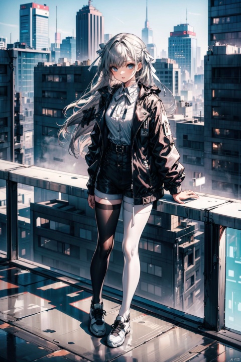  nai3, 1girl, long hair, thighhighs, solo, full body, short shorts,black jacket, sky,  railing, ribbon, black shirt, day, open jacket, parted lips, white ribbon, building, , cityscape, rooftop, white pantyhose, JYPSS