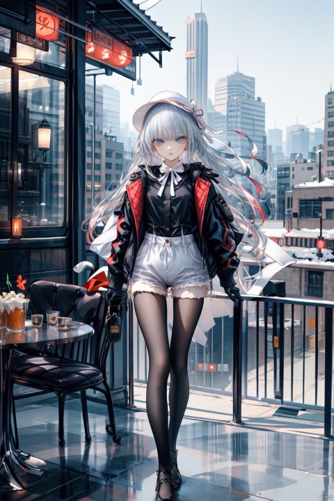  nai3, 1girl, long hair, thighhighs, solo, full body, short shorts,black jacket, sky,  railing, ribbon, black shirt, day, open jacket, parted lips, white ribbon, building, , cityscape, resturant, white pantyhose,