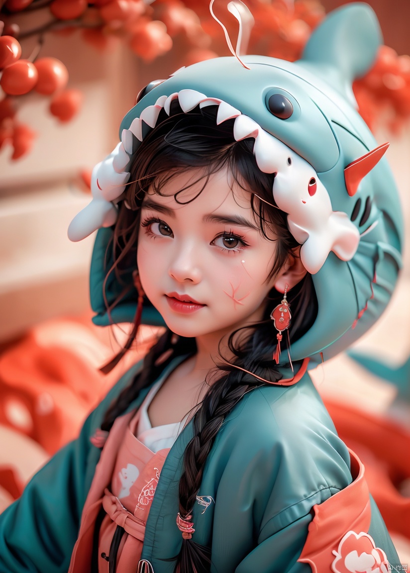  1 girl, solo, ((upper body,)), ((cute face)), expressionless, (beautiful detailed eyes), dofas, laojun,Chinese dragon paper cut, shark hood , shasha