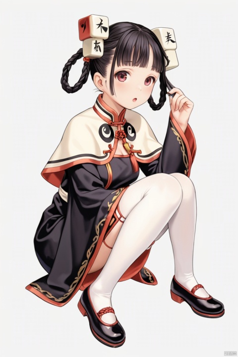 1girl, solo, squatting, braid, long sleeves, looking at viewer, full body, white background, black hair, chinese clothes, bangs, twin braids, simple background, hair ornament, white thighhighs, blush, from side, sleeves past wrists, thighhighs, raised eyebrows, wide sleeves, shoes, mahjong tile, hair rings, yin yang, mahjong, black footwear, capelet, dress, breasts, :o, open mouth, turtleneck, short hair, parted lips, swept bangs