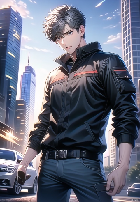 (best quality), ((masterpiece)), (highres), illustration, original, extremely detailed,male focus, 1boy, holding, weapon, outdoors, car, holding weapon, black pants, motor vehicle, pants, solo, building, jacket, ground vehicle, holding sword, looking at viewer, black jacket, sword, grey eyes, short hair, closed mouth, knife, sky, standing, day, belt, long sleeves, city, holding knife, reverse grip, bangs, grey hair, cowboy shot