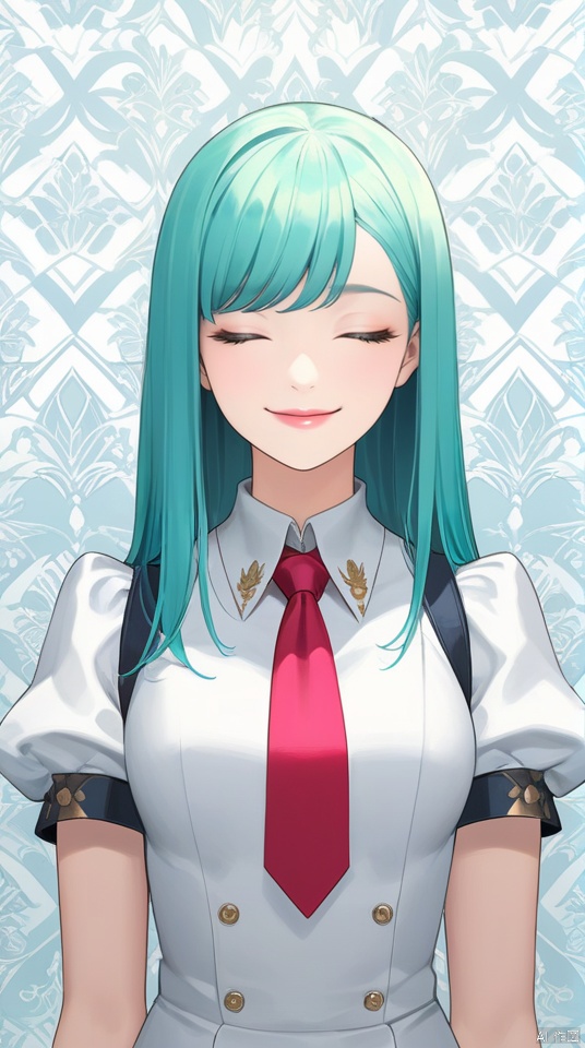  (best quality), ((masterpiece)), (highres), illustration, original, extremely detailed wallpaper.solo, gem uniform \(houseki no kuni\), gloves, elbow gloves, long hair, closed eyes, white gloves, short sleeves, necktie, puffy short sleeves, upper body, 1other, puffy sleeves, smile, shirt, lips