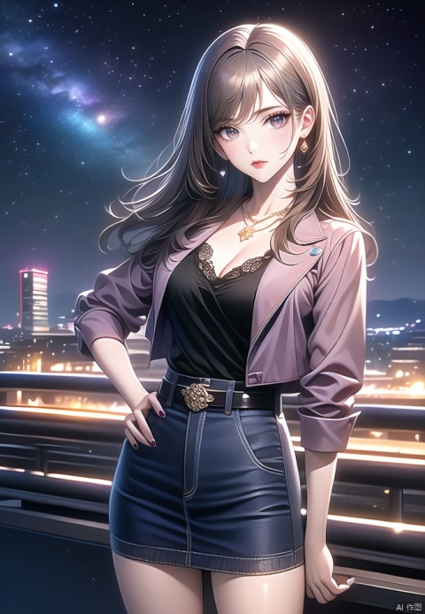 (best quality), ((masterpiece)), (highres), illustration, original, extremely detailed,1girl, night, jewelry, solo, skirt, sky, night sky, brown hair, long hair, necklace, breasts, shirt, cleavage, earrings, outdoors, belt, hand on hip, brown eyes, jacket, star \(sky\), black nails, cityscape, standing, medium breasts, nail polish, cowboy shot, starry sky, railing, looking at viewer, city lights, pencil skirt, bangs, blue skirt, closed mouth