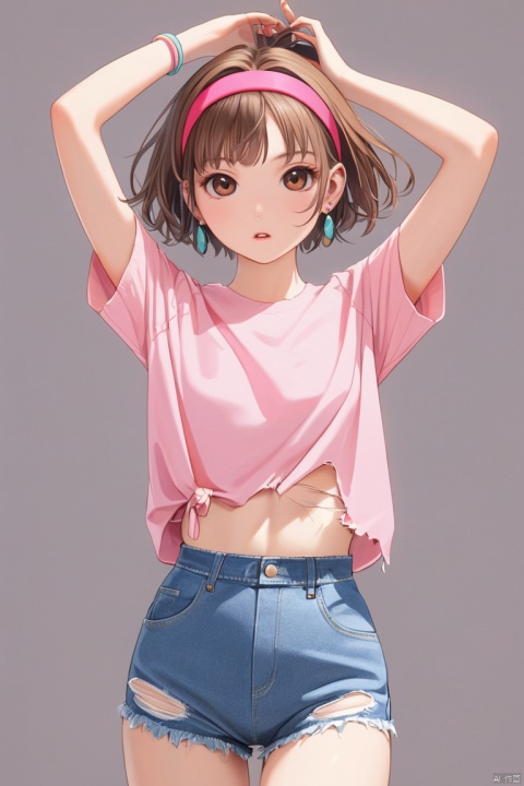 1girl, solo, brown hair, pink shirt, shirt, shorts, shirt tucked in, white background, simple background, hairband, denim, pink hairband, short hair, torn clothes, parted lips, looking at viewer, denim shorts, arms up, bangs, earrings, cowboy shot, lips, short sleeves, brown eyes