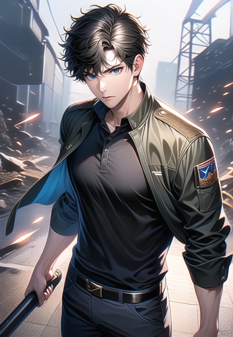 (best quality), ((masterpiece)), (highres), illustration, original, extremely detailed,1boy, male focus, solo, black hair, jacket, blue eyes, pants, black shirt, holding, weapon, short hair, looking at viewer, shirt, black pants, closed mouth, holding weapon, sword, open clothes, belt, open jacket, bangs, standing, holding sword, blue jacket