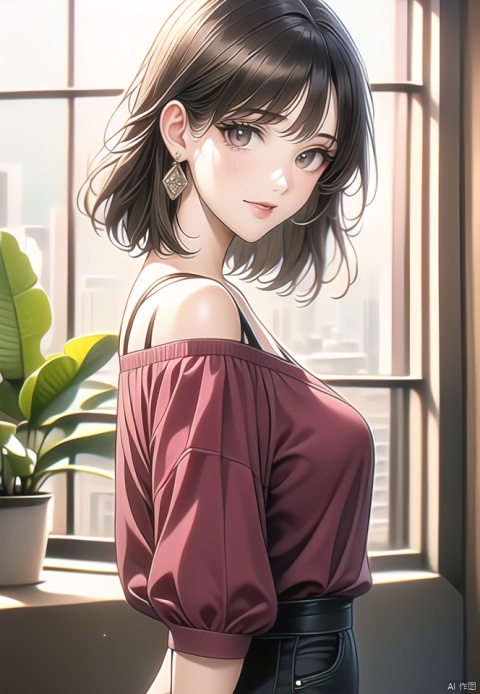 (best quality), ((masterpiece)), (highres), illustration, original, extremely detailed,1girl, solo, smile, looking at viewer, jewelry, earrings, brown eyes, shirt, off shoulder, bare shoulders, red shirt, bangs, watch, plant, blurry background, from side, blurry, indoors, short hair, breasts, wristwatch, brown hair, black hair, blush, potted plant, window, long sleeves