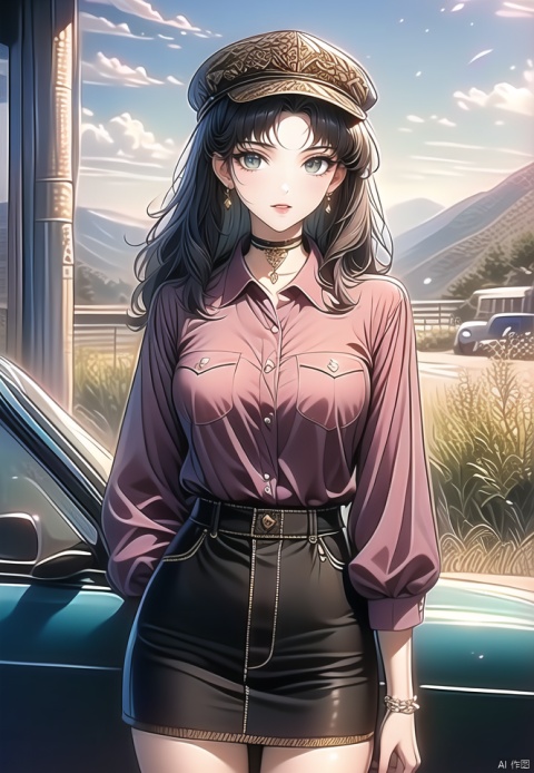 (best quality), ((masterpiece)), (highres), illustration, original, extremely detailed,1girl, jewelry, skirt, solo, shirt, green eyes, black hair, outdoors, choker, red shirt, hat, day, earrings, long sleeves, black skirt, pencil skirt, cross, ground vehicle, parted lips, car, sky, bangs, cowboy shot, collared shirt, bracelet, black choker, standing, parted bangs, motor vehicle, looking at viewer, blue sky, cloud, long hair, necklace, cabbie hat, mountainous horizon, breasts, buttons, pocket
