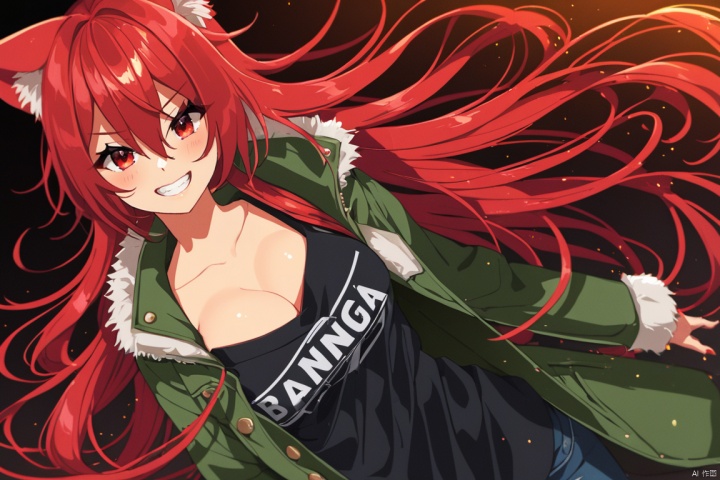 (best quality), ((masterpiece)), (highres), illustration, original, extremely detailed,1girl, solo, long hair, smile, red hair, breasts, red eyes, green jacket, animal ears, jacket, hair between eyes, grin, cleavage, looking at viewer, open clothes, open jacket, collarbone, black shirt, shirt, bangs, blush, clothes writing, medium breasts, very long hair, upper body, fur trim, dutch angle, fang