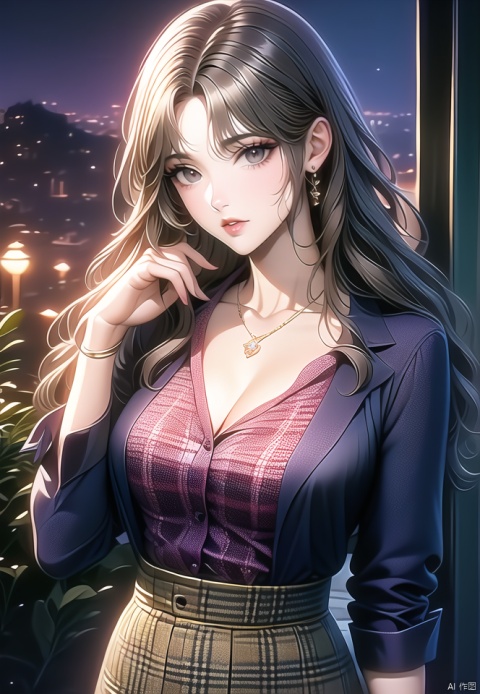 (best quality), ((masterpiece)), (highres), illustration, original, extremely detailed,1girl, solo, jewelry, breasts, long hair, cleavage, skirt, necklace, brown hair, earrings, bracelet, shirt, white shirt, looking at viewer, parted lips, parted bangs, large breasts, night, bangs, hand up, wavy hair, brown eyes, plaid skirt, jacket, long sleeves, outdoors, plaid, collared shirt, collarbone