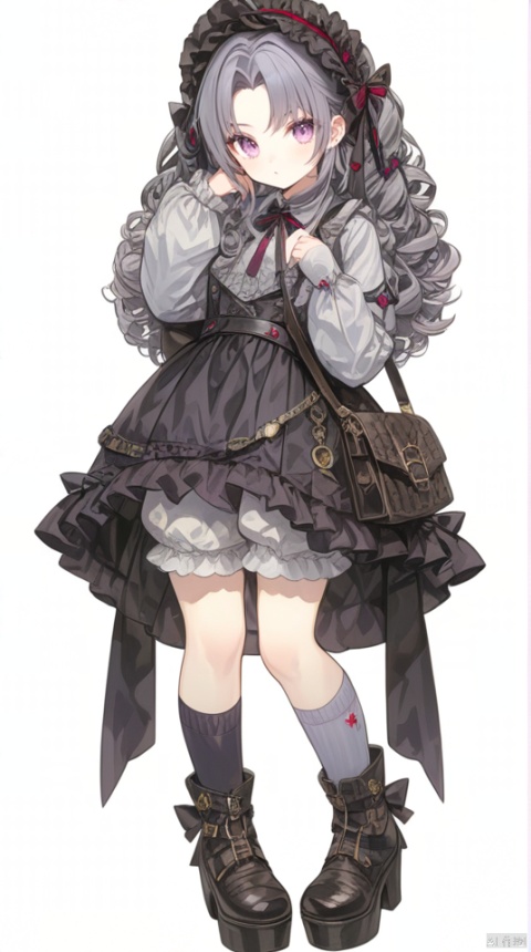 (best quality), ((masterpiece)), (highres), illustration, original, extremely detailed,1girl, solo, long hair, white background, simple background, dress, socks, boots, full body, looking at viewer, asymmetrical legwear, long sleeves, black footwear, lolita fashion, kneehighs, standing, fishnets, bangs, underwear, bow, black dress, frills, bag, platform footwear, purple eyes, hairband, bloomers, curly hair, single sock, closed mouth, grey hair
