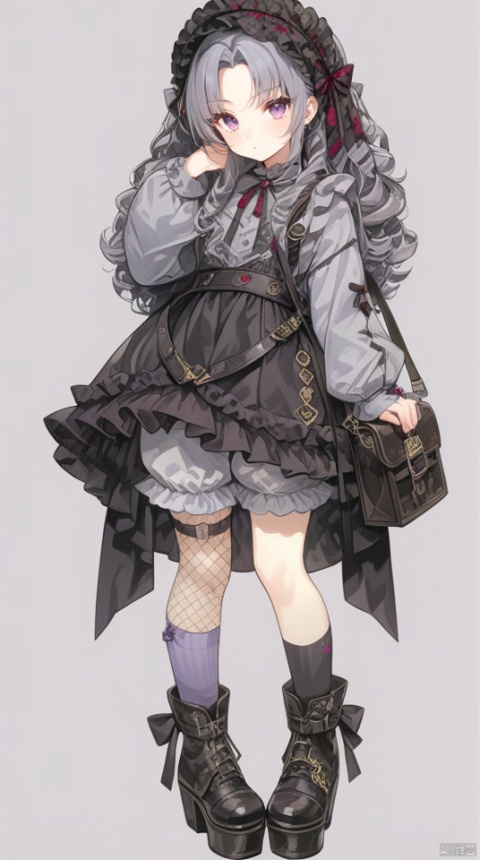 (best quality), ((masterpiece)), (highres), illustration, original, extremely detailed,1girl, solo, long hair, white background, simple background, dress, socks, boots, full body, looking at viewer, asymmetrical legwear, long sleeves, black footwear, lolita fashion, kneehighs, standing, fishnets, bangs, underwear, bow, black dress, frills, bag, platform footwear, purple eyes, hairband, bloomers, curly hair, single sock, closed mouth, grey hair