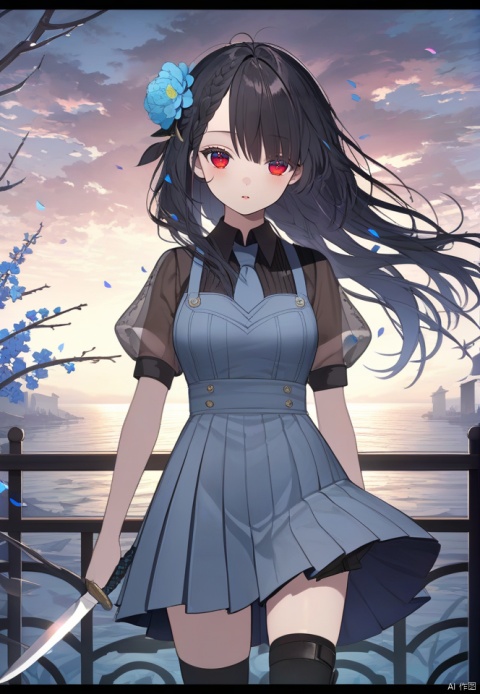  (best quality), ((masterpiece)), (highres), illustration, original, extremely detailed wallpaper.1girl, solo, long hair, letterboxed, thighhighs, cloud, holding, hair ornament, cloudy sky, hair over one eye, shirt, see-through sleeves, looking at viewer, hair flower, outdoors, weapon, flower, red eyes, blue flower, short sleeves, single thighhigh, wind, knife, see-through, skirt, sky, thigh holster, parted lips, puffy sleeves, collared shirt, holding knife, black thighhighs, black hair, puffy short sleeves, cowboy shot, asymmetrical legwear, standing, dress, pleated skirt, holding weapon, messy hair, thigh strap, bangs, branch, petals, horizon, braid