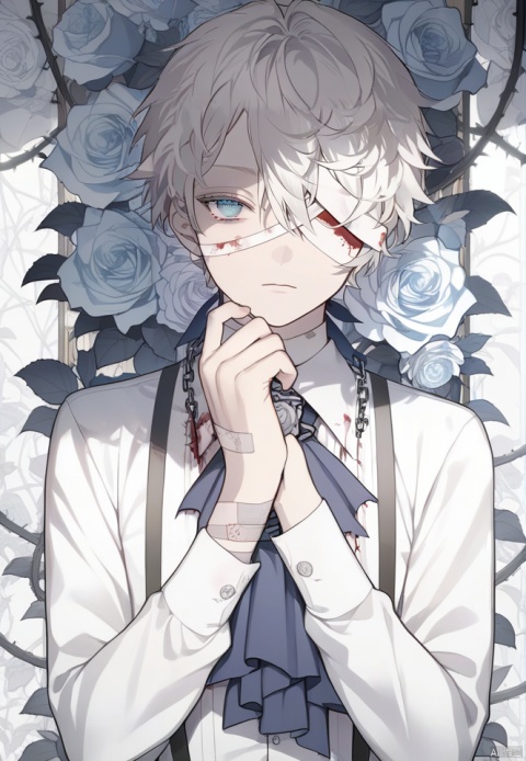  (best quality), ((masterpiece)), (highres), illustration, original, extremely detailed wallpaper.solo, 1boy, flower, thorns, male focus, chain, bandages, white hair, upper body, shirt, bandaid, rose, bandage over one eye, white shirt, white flower, suspenders, looking at viewer, blue eyes, ascot, vines, blood, long sleeves, white background, ribbon, closed mouth