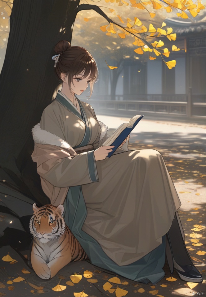 (best quality), ((masterpiece)), (highres), illustration, original, extremely detailed,licg, 1girl, leaf, falling leaves, book, sitting, tiger, hair bun, reading, tree, brown hair, solo, ginkgo leaf