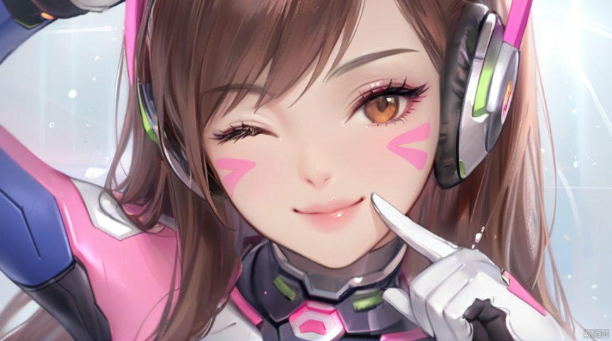  (best quality), ((masterpiece)), (highres), illustration, original, extremely detailed,1girl, solo, d.va \(overwatch\), facial mark, whisker markings, long hair, headphones, pilot suit, gloves, bangs, brown eyes, brown hair, facepaint, one eye closed, white gloves, looking at viewer, bodysuit, portrait, lips, high collar, swept bangs, against glass, smile, pointing