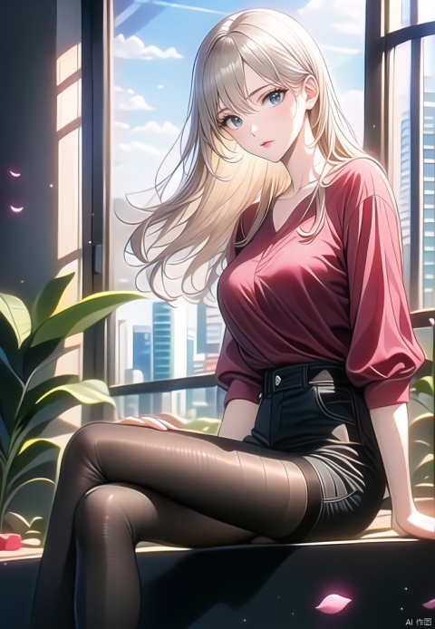(best quality), ((masterpiece)), (highres), illustration, original, extremely detailed,1girl, solo, pantyhose, red shirt, sitting, shorts, long hair, looking at viewer, shirt, crossed legs, legwear under shorts, black shorts, petals, high-waist shorts, bangs, midriff peek, black pantyhose, closed mouth, window, brown pantyhose, flower, grey eyes, short shorts, feet out of frame, plant, breasts, indoors, day, blonde hair, red flower, hair between eyes, hand on own thigh