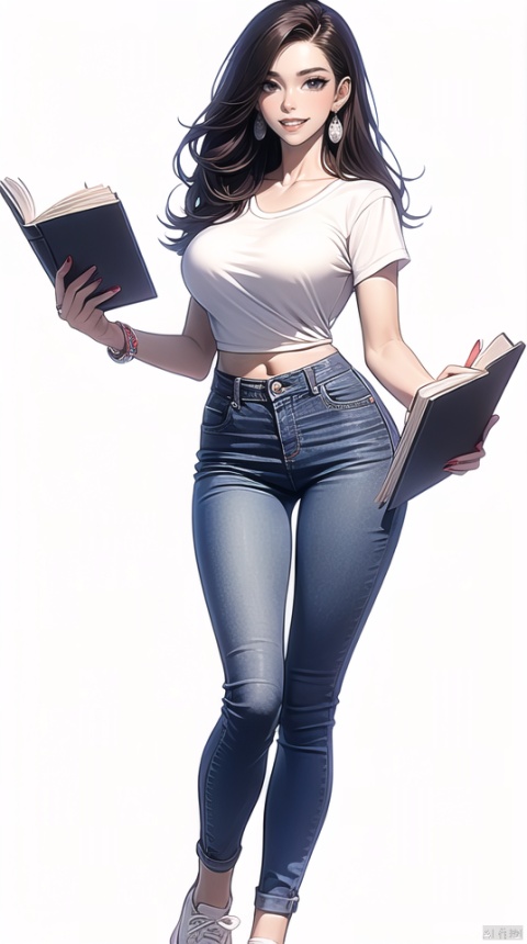 (best quality), ((masterpiece)), (highres), illustration, original, extremely detailed,bbj, 1girl, hoop earrings, solo, denim, holding, jewelry, earrings, full body, long hair, shirt, midriff, pants, white shirt, white footwear, jeans, white background, navel, short sleeves, bracelet, holding book, looking at viewer, breasts, simple background, watch, shoes, standing, crop top, book, wristwatch, red lips, blue eyes, sneakers, blue pants, brown hair, lips, nail polish, cropped shirt, parted lips, open book, mole, makeup, large breasts, red nails, smile, collarbone