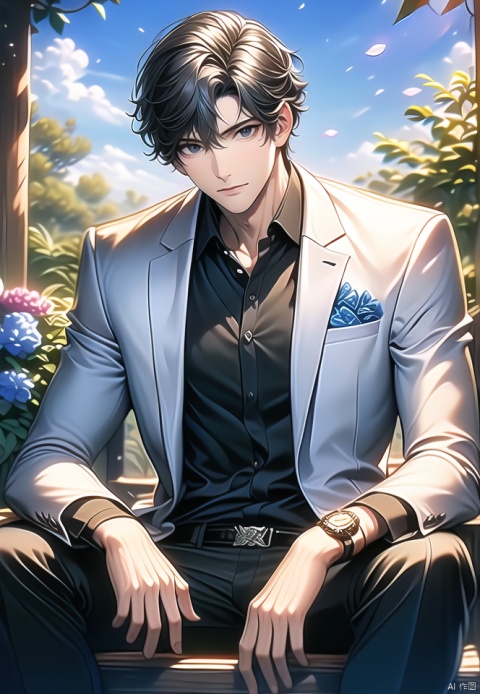 (best quality), ((masterpiece)), (highres), illustration, original, extremely detailed,1boy, male focus, sitting, shirt, black shirt, solo, black hair, flower, outdoors, pants, looking at viewer, black pants, watch, short hair, blue flower, wristwatch, day, belt, white jacket, jewelry, sky, smile, closed mouth, jacket, long sleeves, collared shirt, petals, bracelet, hair between eyes, tree, bangs, blue sky, formal, grey eyes, bouquet, white flower, suit