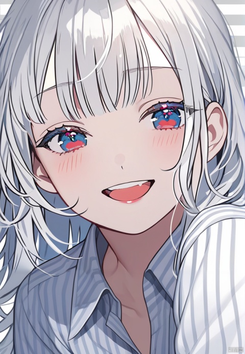  (best quality), ((masterpiece)), (highres), illustration, original, extremely detailed wallpaper.1girl, solo, open mouth, long hair, smile, looking at viewer, shirt, bangs, white hair, teeth, simple background, red eyes, blue eyes, striped, grey background, close-up, striped shirt