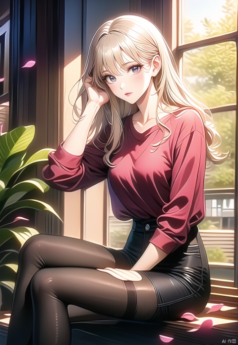 (best quality), ((masterpiece)), (highres), illustration, original, extremely detailed,1girl, solo, pantyhose, red shirt, sitting, shorts, long hair, looking at viewer, shirt, crossed legs, legwear under shorts, black shorts, petals, high-waist shorts, bangs, midriff peek, black pantyhose, closed mouth, window, brown pantyhose, flower, grey eyes, short shorts, feet out of frame, plant, breasts, indoors, day, blonde hair, red flower, hair between eyes, hand on own thigh