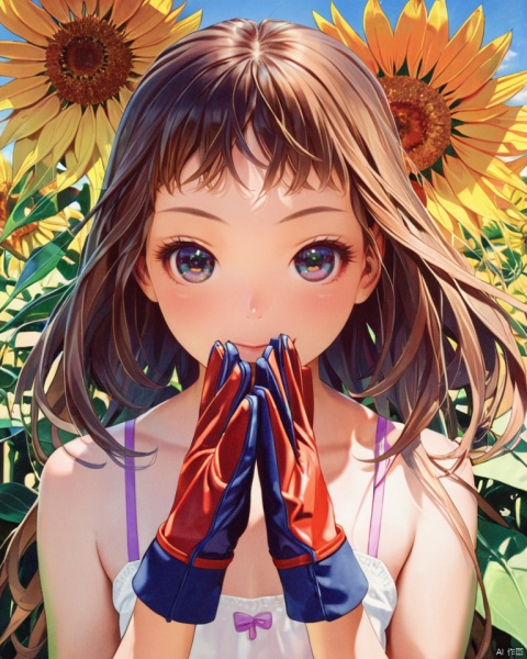  (best quality), ((masterpiece)), (highres), illustration, original, extremely detailed,1girl, solo, sunflower, flower, gloves, looking at viewer, long hair, brown hair, smile, bare shoulders, upper body, own hands together, bangs, collarbone, blush, closed mouth, lips, blue eyes