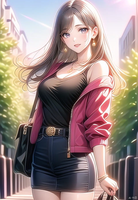 (best quality), ((masterpiece)), (highres), illustration, original, extremely detailed,1girl, solo, skirt, long hair, breasts, bag, outdoors, smile, looking at viewer, jewelry, handbag, jacket, cleavage, black skirt, red jacket, off shoulder, necklace, blurry background, brown eyes, blurry, earrings, pencil skirt, bangs, bare shoulders, brown hair, belt, cowboy shot, shirt, bracelet, day, parted lips, medium breasts, open clothes