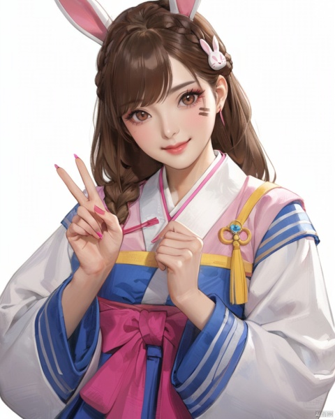  (best quality), ((masterpiece)), (highres), illustration, original, extremely detailed,1girl, solo, korean clothes, d.va \(overwatch\), hanbok, v, brown eyes, brown hair, braid, official alternate costume, hair ornament, long hair, whisker markings, facial mark, nail polish, striped sleeves, looking at viewer, smile, pink nails, upper body, white background, long sleeves, rabbit hair ornament, letterboxed, alternate hairstyle, bangs, traditional clothes, single braid, simple background, blush, swept bangs