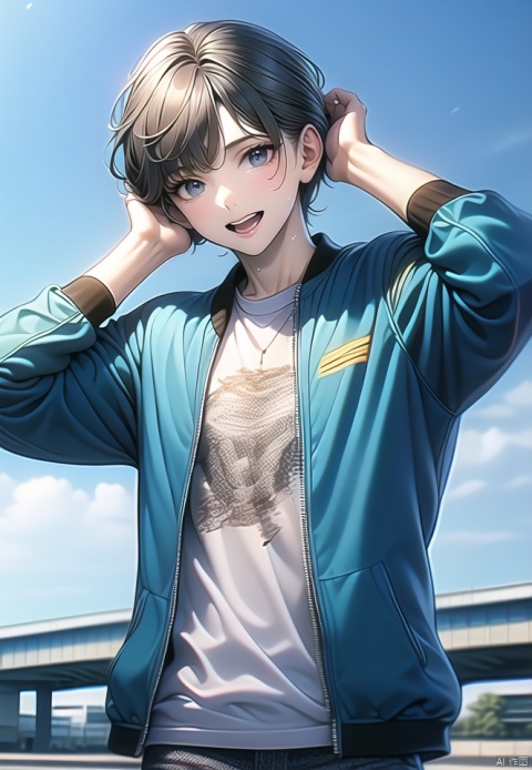 (best quality), ((masterpiece)), (highres), illustration, original, extremely detailed,jacket, 1boy, male focus, solo, blue eyes, smile, shirt, looking at viewer, black hair, white shirt, open mouth, sky, blue jacket, open jacket, black pants, outdoors, short hair, clenched hand, open clothes, blue sky, cloud, teeth, pants, bangs, day, jewelry, necklace, long sleeves, sweat, upper teeth only, upper body, cowboy shot, blurry