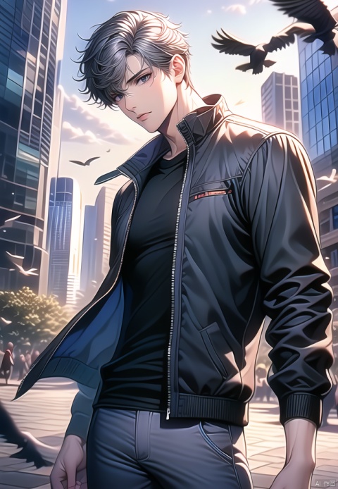 (best quality), ((masterpiece)), (highres), illustration, original, extremely detailed,1boy, jacket, male focus, bird, red eyes, outdoors, solo, crow, black shirt, black jacket, pants, shirt, short hair, looking at viewer, closed mouth, grey hair, open clothes, standing, long sleeves, open jacket, building, wind, sky