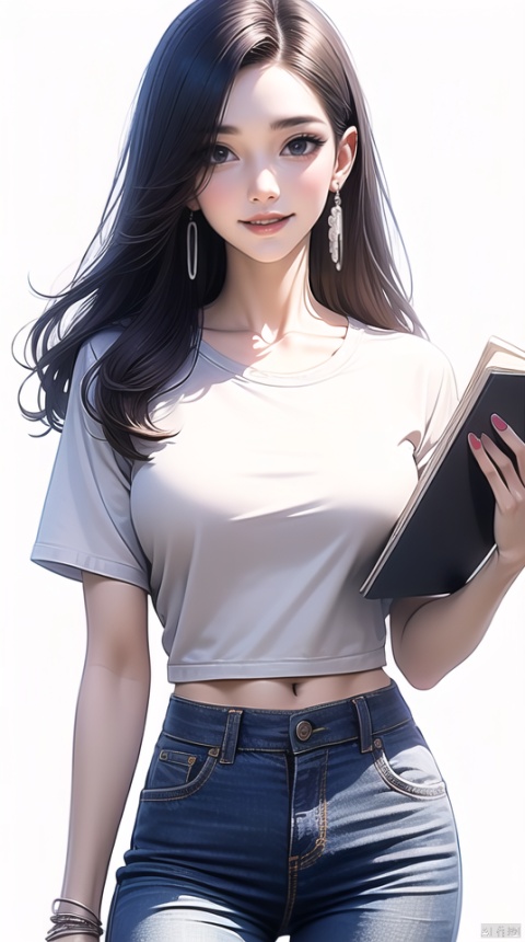 (best quality), ((masterpiece)), (highres), illustration, original, extremely detailed,bbj, 1girl, hoop earrings, solo, denim, holding, jewelry, earrings, full body, long hair, shirt, midriff, pants, white shirt, white footwear, jeans, white background, navel, short sleeves, bracelet, holding book, looking at viewer, breasts, simple background, watch, shoes, standing, crop top, book, wristwatch, red lips, blue eyes, sneakers, blue pants, brown hair, lips, nail polish, cropped shirt, parted lips, open book, mole, makeup, large breasts, red nails, smile, collarbone