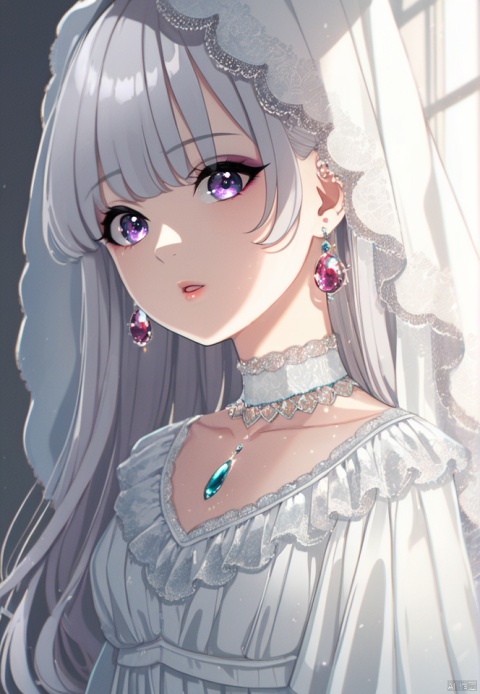 (best quality), ((masterpiece)), (highres), illustration, original, extremely detailed,1girl, solo, jewelry, earrings, veil, long hair, bangs, purple eyes, makeup, parted lips, dress, grey hair, upper body, chromatic aberration, white dress, looking at viewer, shadow