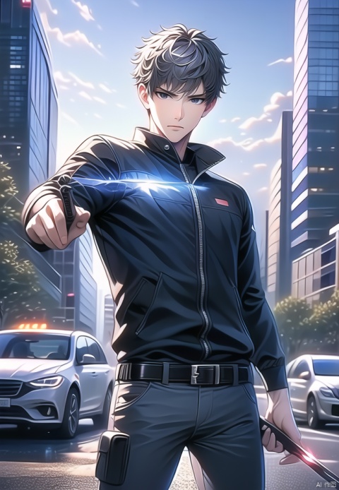 (best quality), ((masterpiece)), (highres), illustration, original, extremely detailed,male focus, 1boy, holding, weapon, outdoors, car, holding weapon, black pants, motor vehicle, pants, solo, building, jacket, ground vehicle, holding sword, looking at viewer, black jacket, sword, grey eyes, short hair, closed mouth, knife, sky, standing, day, belt, long sleeves, city, holding knife, reverse grip, bangs, grey hair, cowboy shot